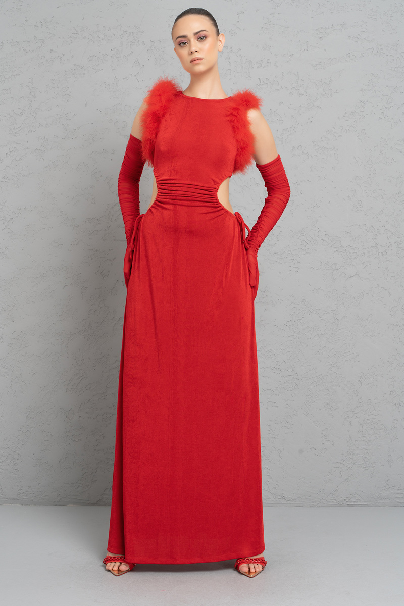 Toptan Kırmızı Transparan Tül Eldivenli Yırtmaçlı Elbise