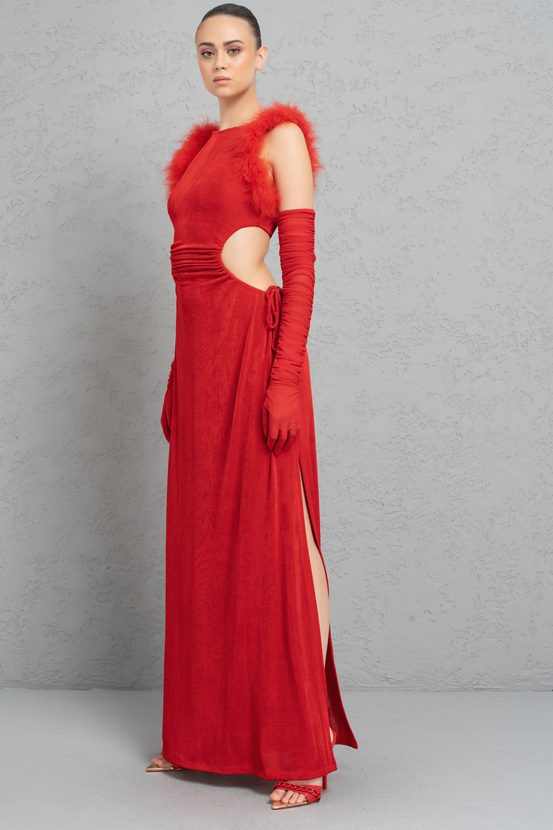 Wholesale Red Split-Side Dress with Mesh Gloves