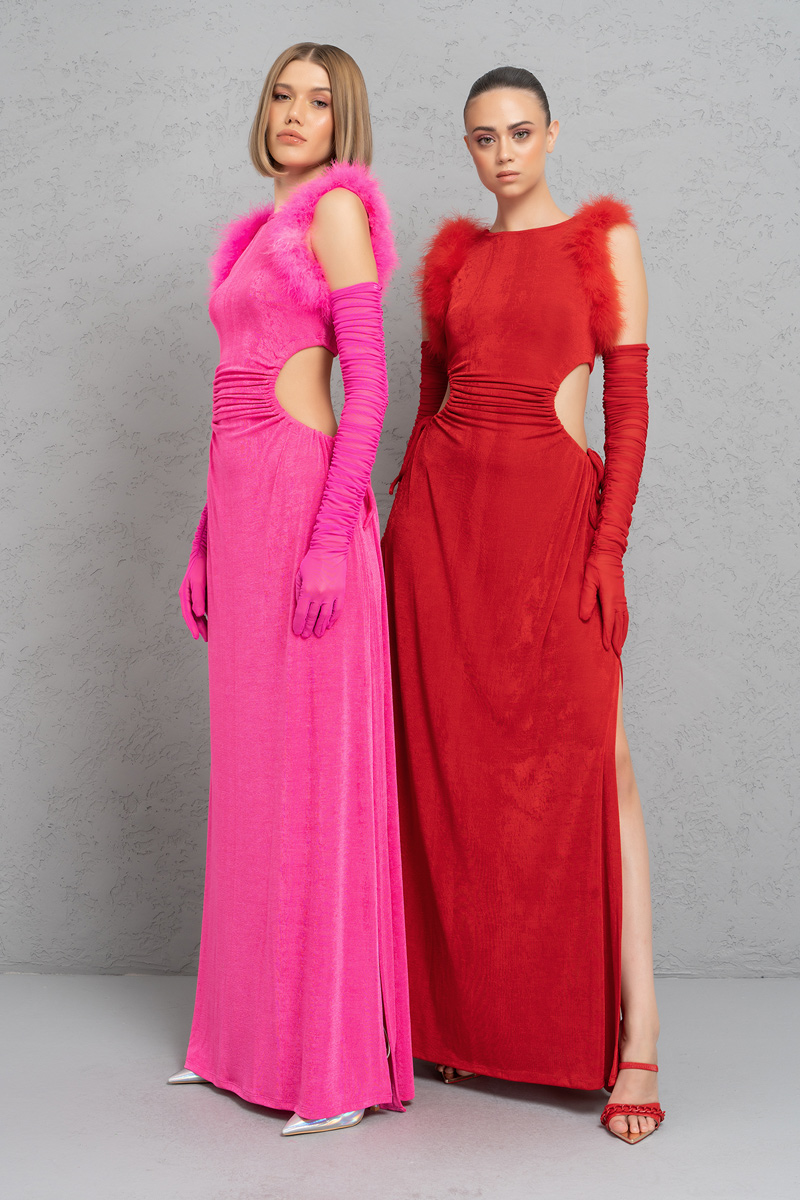 Wholesale Red Split-Side Dress with Mesh Gloves