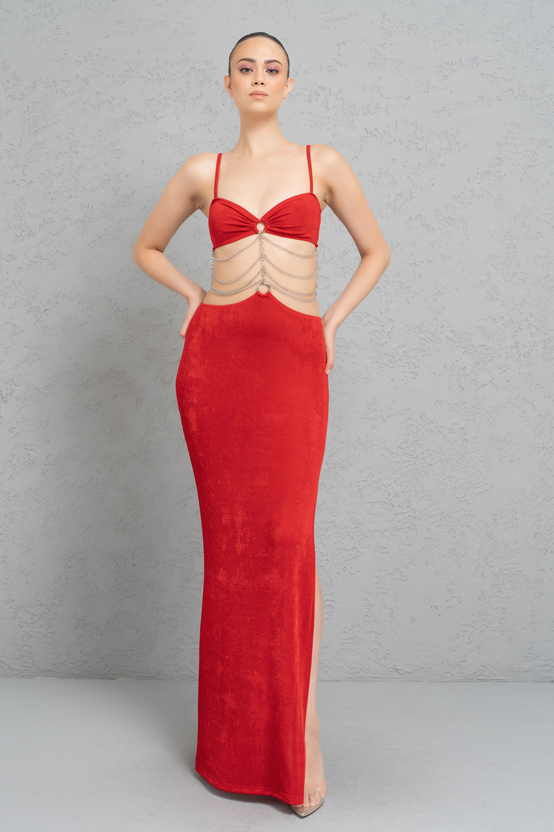 Toptan Kırmızı Beli Zincir Detaylı Maxi Elbise