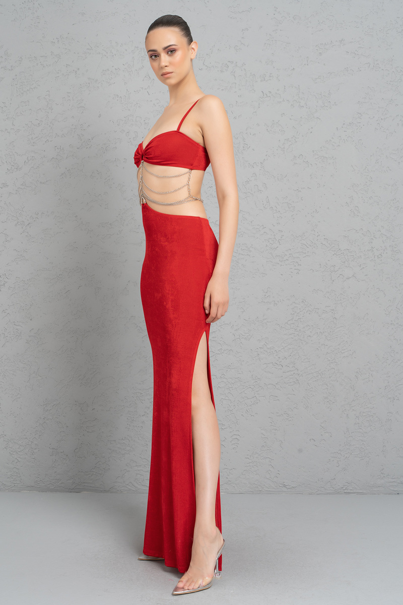 Red Chain-Ladder Cut Out Maxi Dress