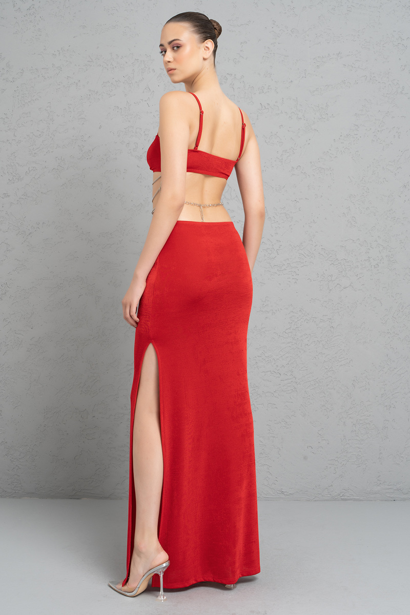 Toptan Kırmızı Beli Zincir Detaylı Maxi Elbise