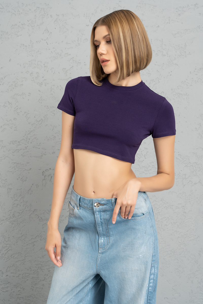 Wholesale Short Sleeve Dark Purple Crop Top