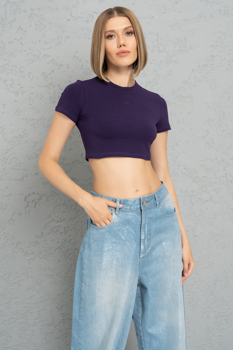Wholesale Short Sleeve Dark Purple Crop Top