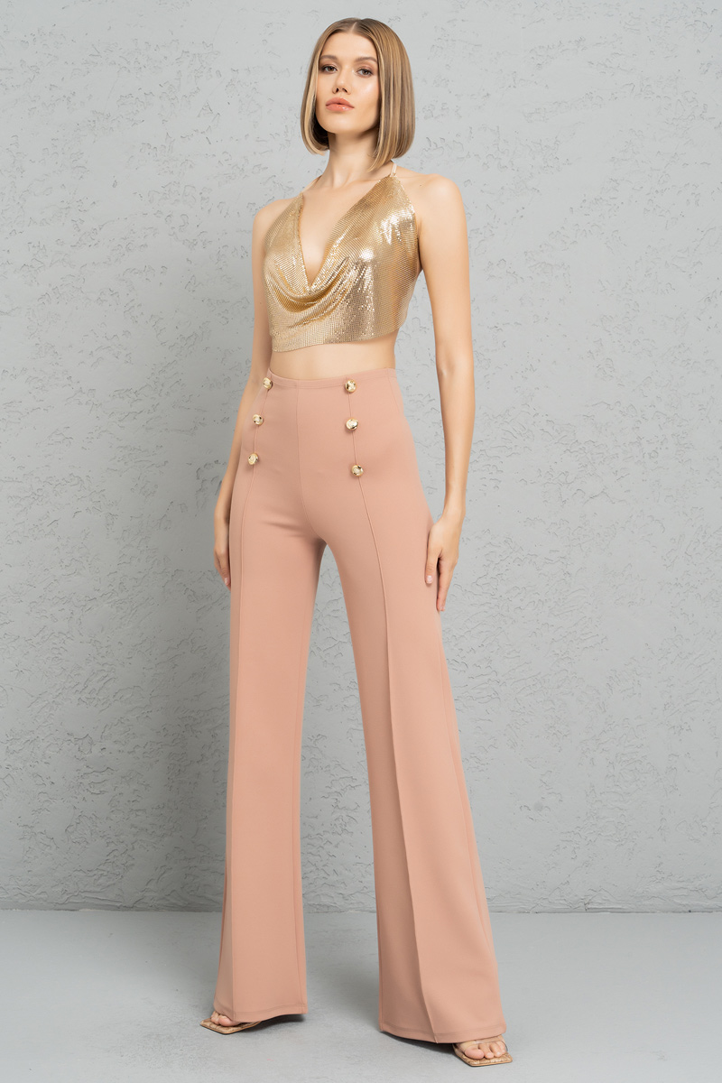 Button-Front Wide Leg  Pants in Caramel