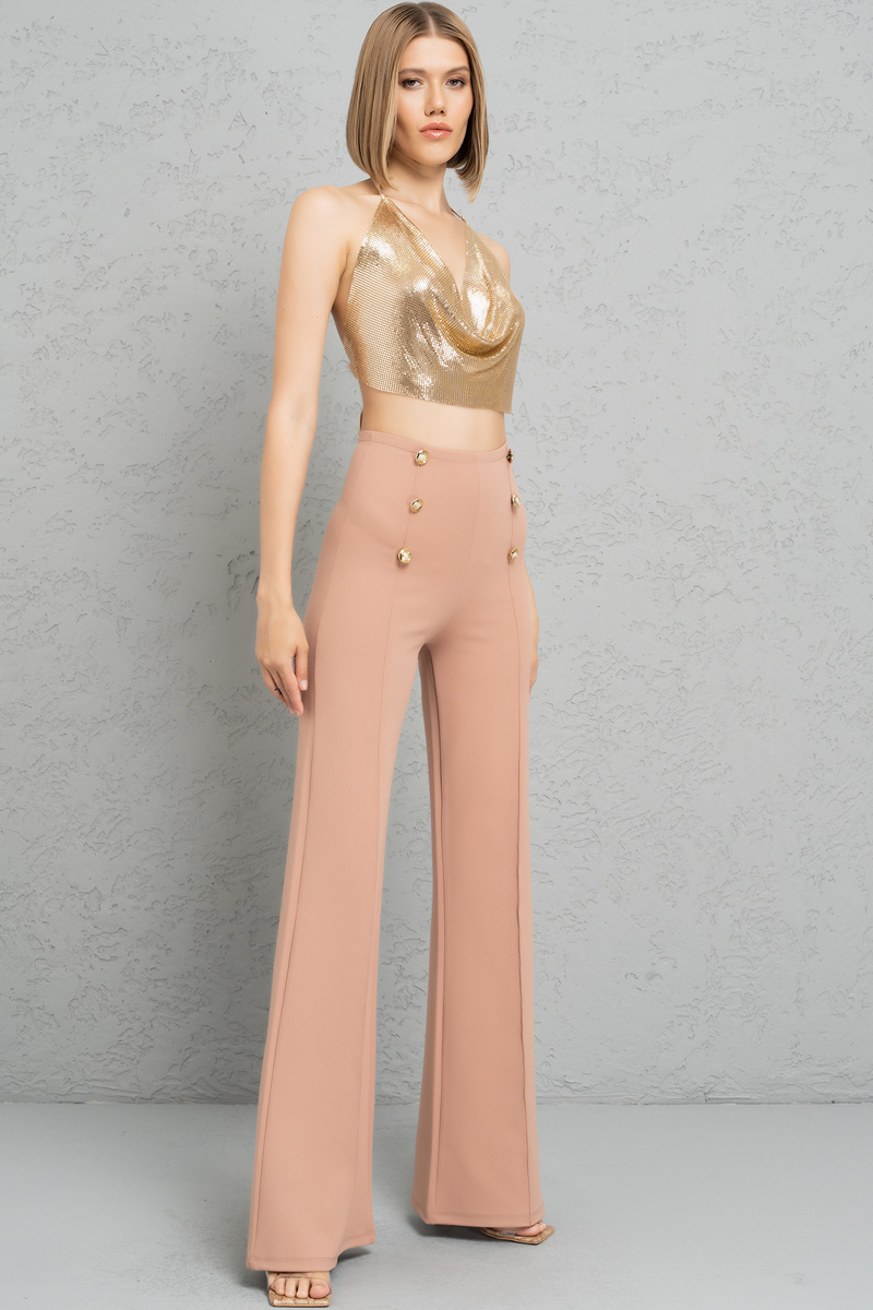 Button-Front Wide Leg  Pants in Caramel