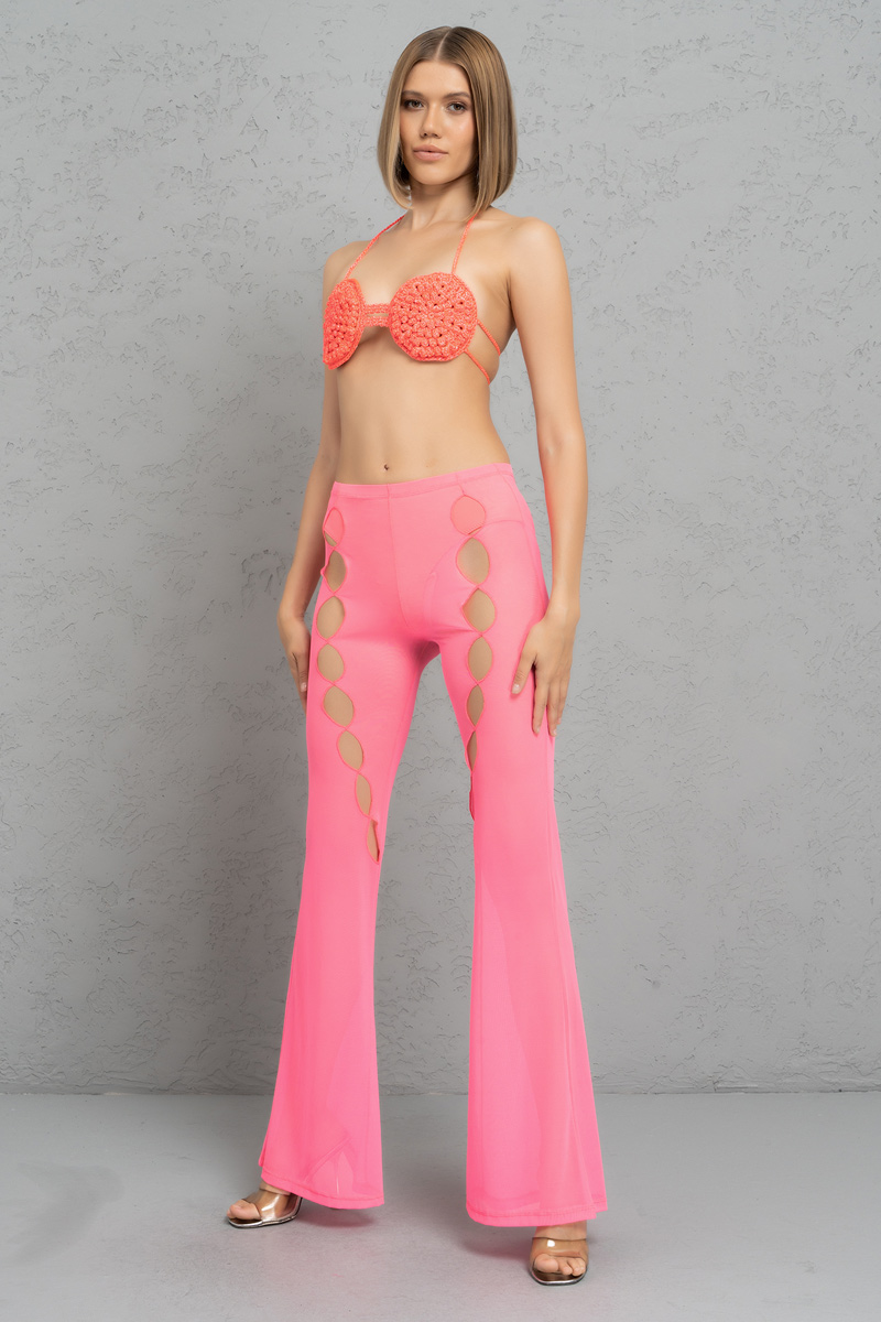 Wholesale Sheer Neon Pink Flare Pants