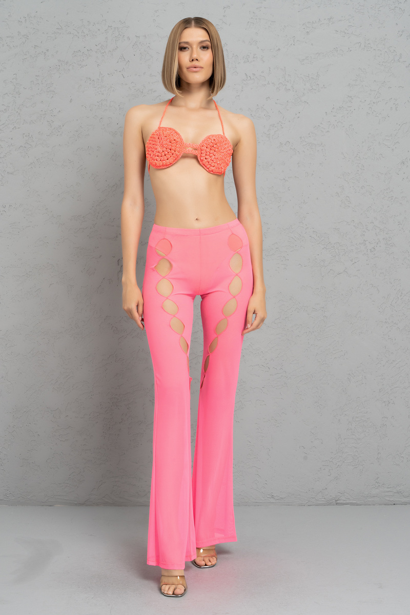 Wholesale Sheer Neon Pink Flare Pants