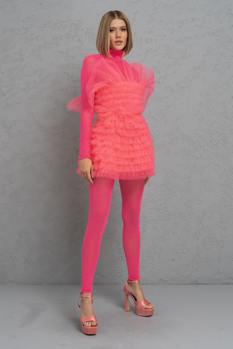 оптовая Sheer Neon Pink Mock Neck Catsuit
