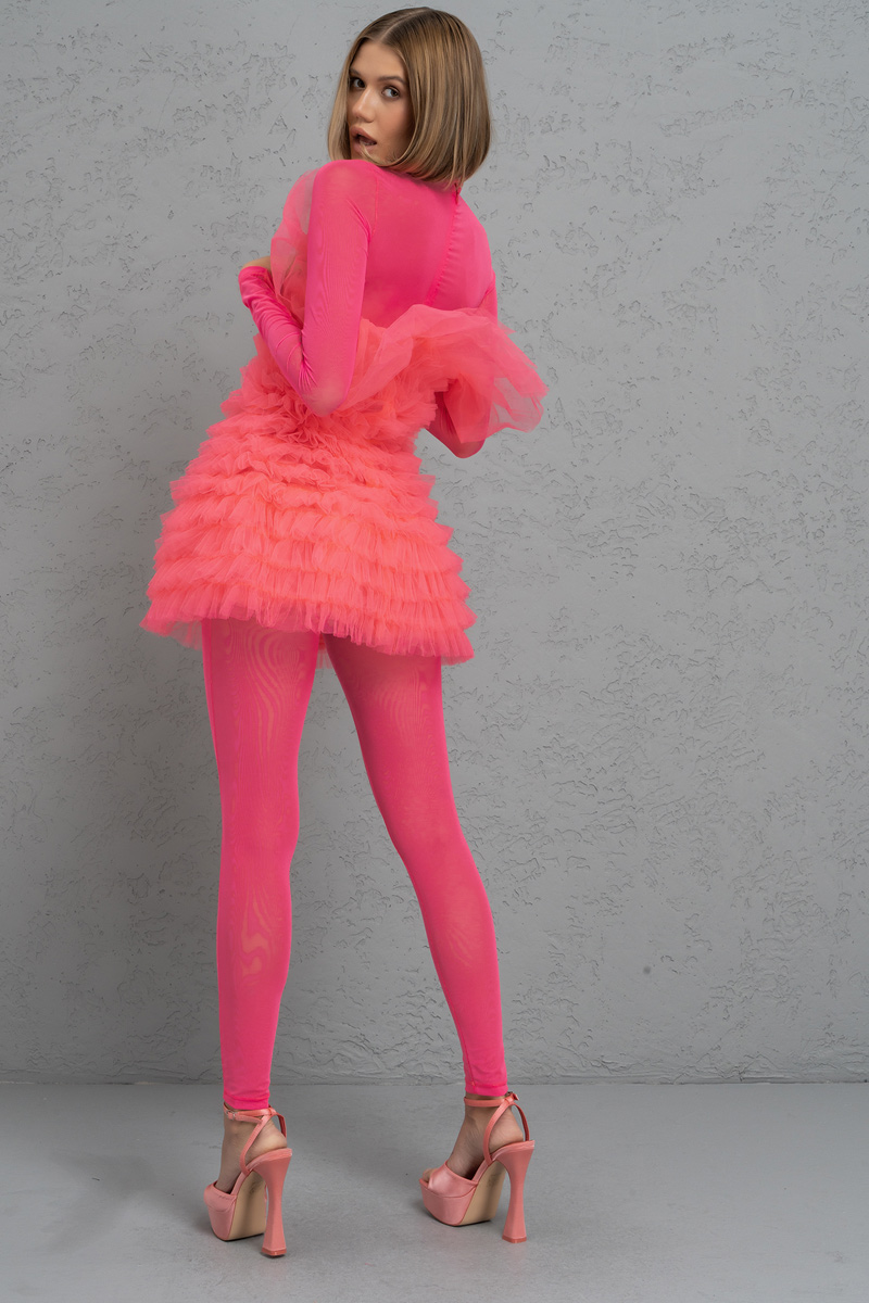 Wholesale Sheer Neon Pink Mock Neck Catsuit