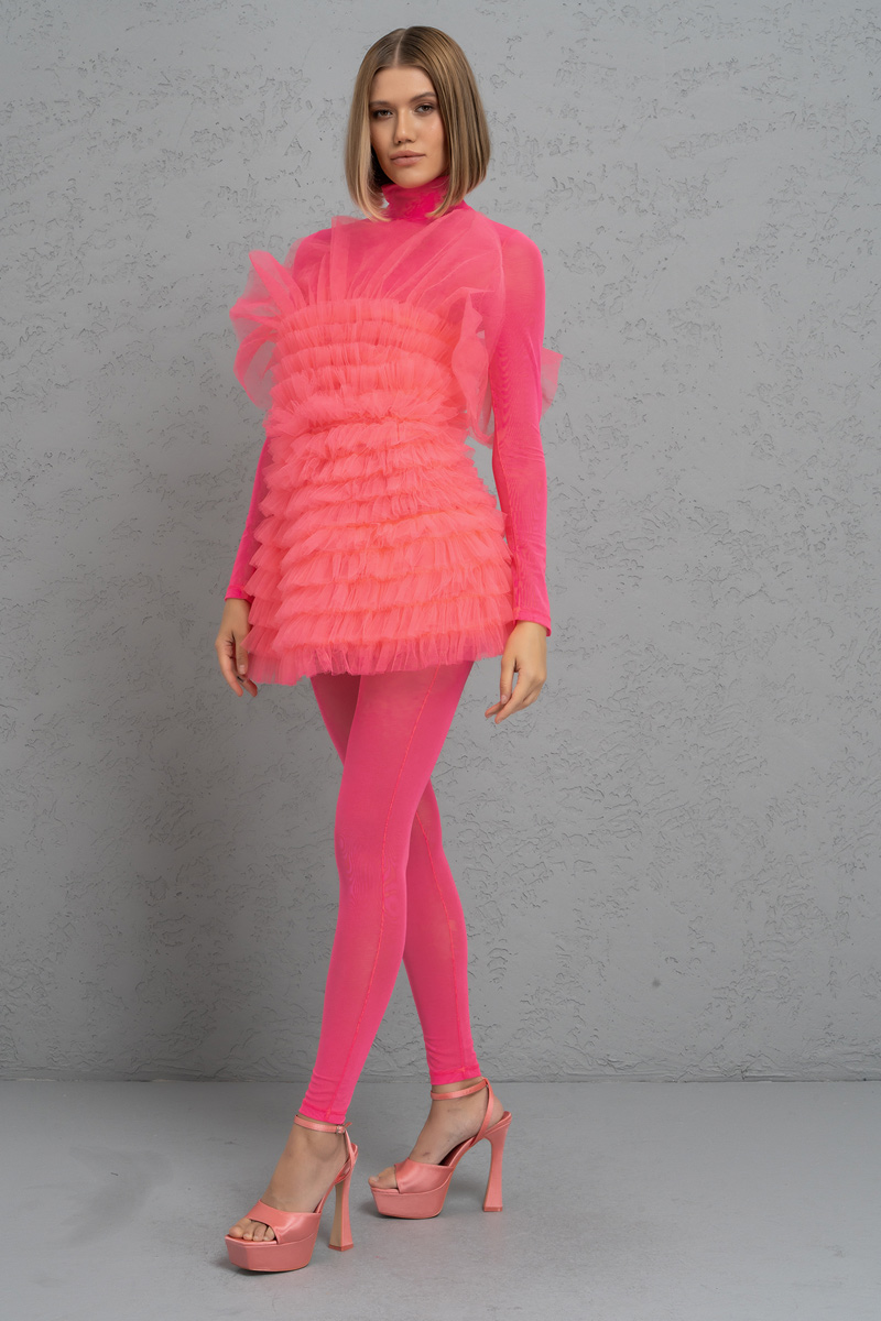 оптовая Sheer Neon Pink Mock Neck Catsuit