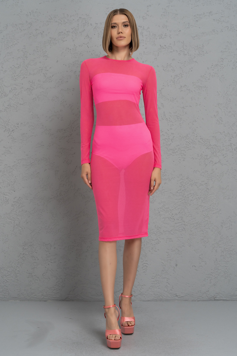 Neon Pembe Transparan Midi Elbise