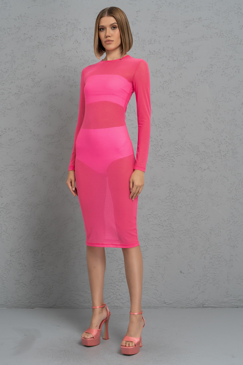 Wholesale Sheer Neon Pink Midi Dress