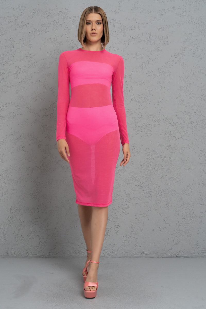 Wholesale Sheer Neon Pink Midi Dress
