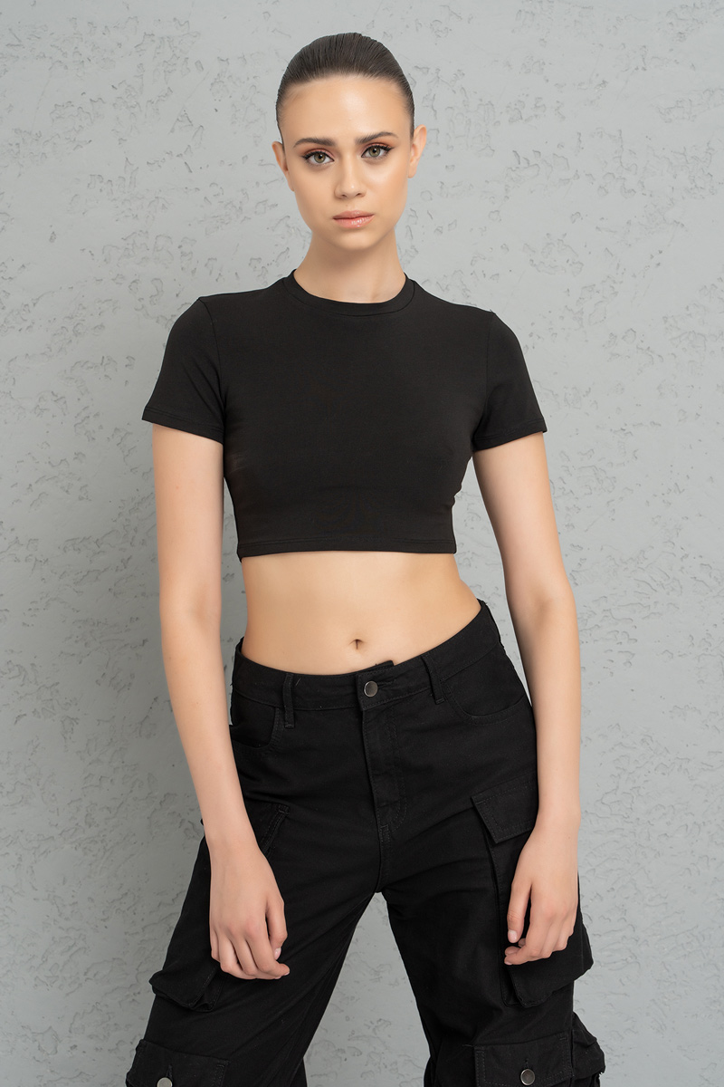 Wholesale Short Sleeve Black Crop Top