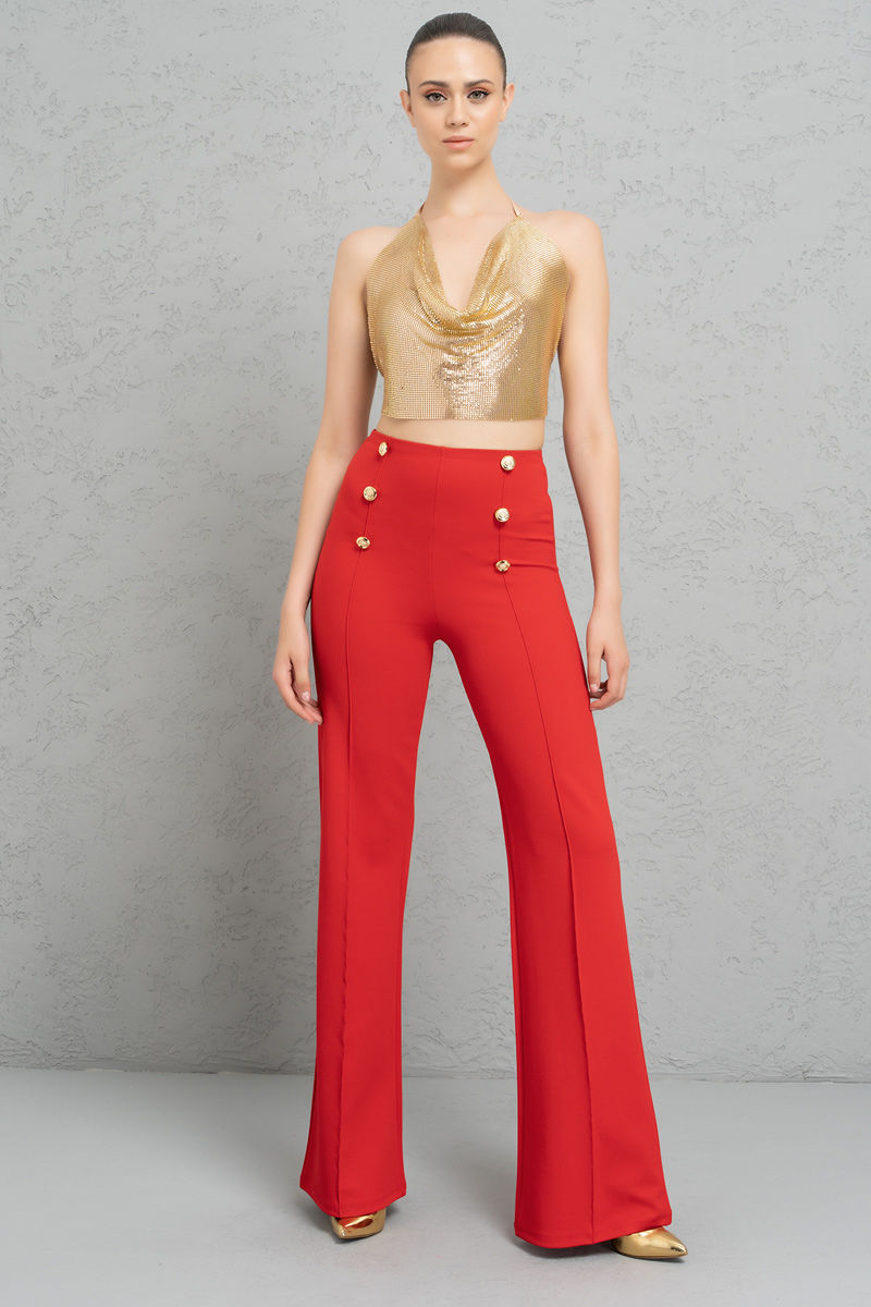 Button-Front Wide Leg  Pants in Red