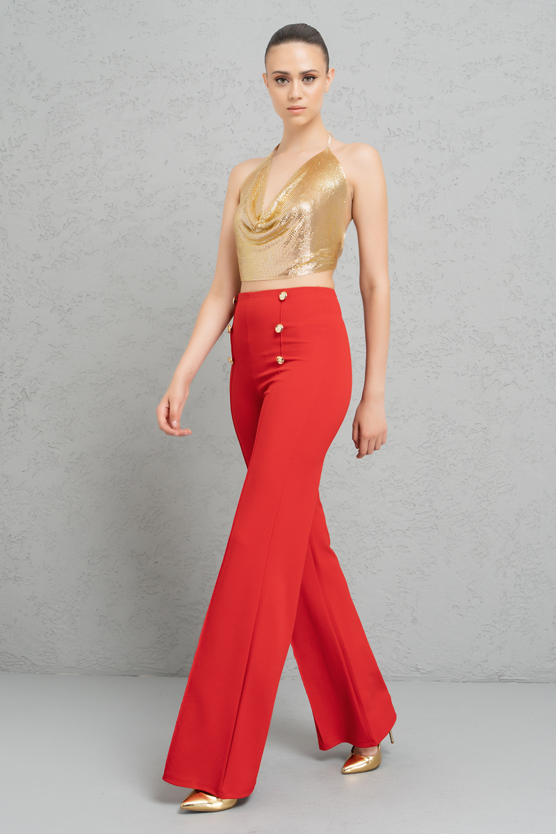 Button-Front Wide Leg  Pants in Red