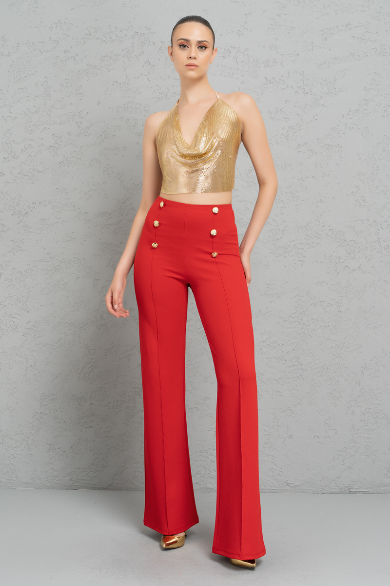 Button-Front Wide Leg  Pants in Red