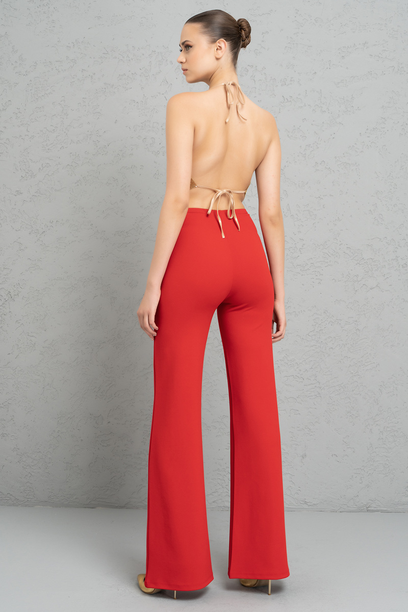 Button-Front Wide Leg  Pants in Red