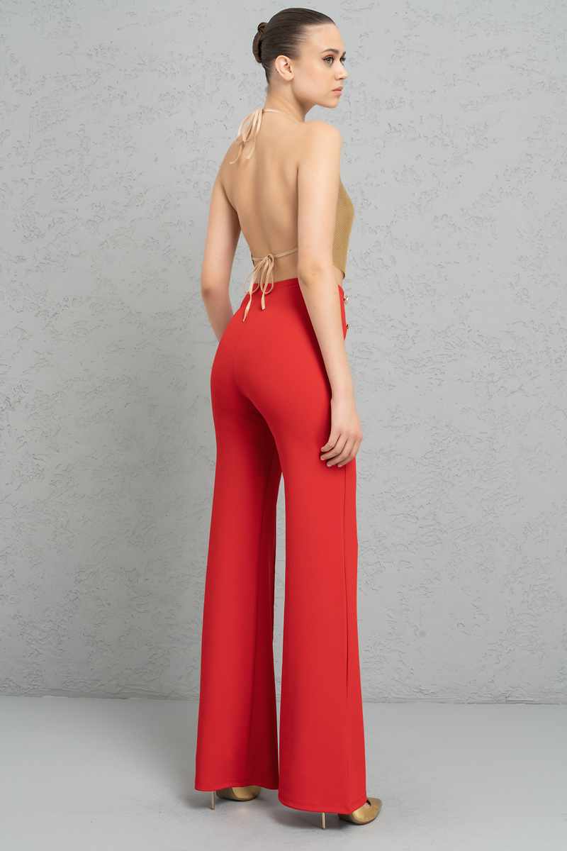 Button-Front Wide Leg  Pants in Red