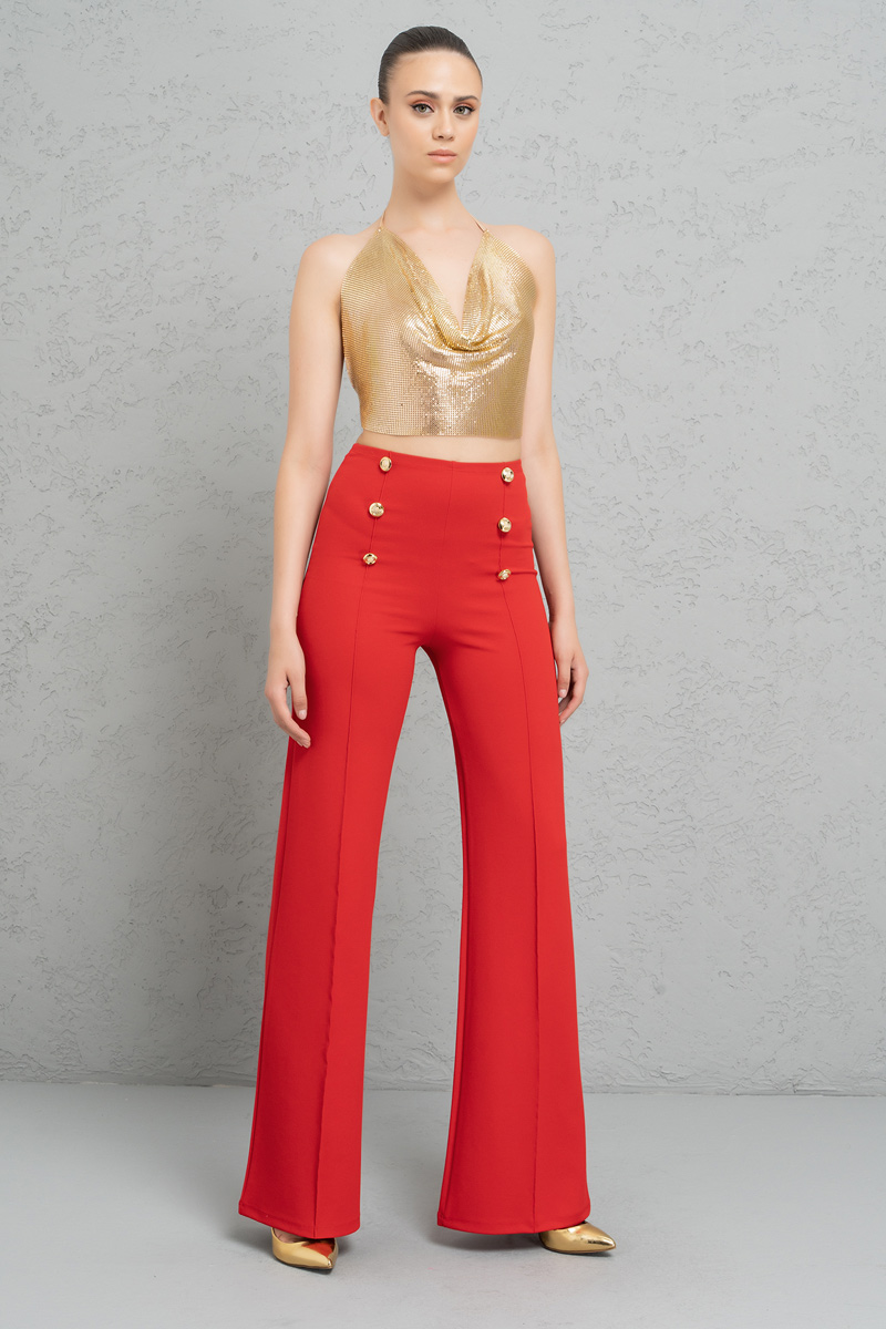 Wholesale Button-Front Wide Leg  Pants in Red