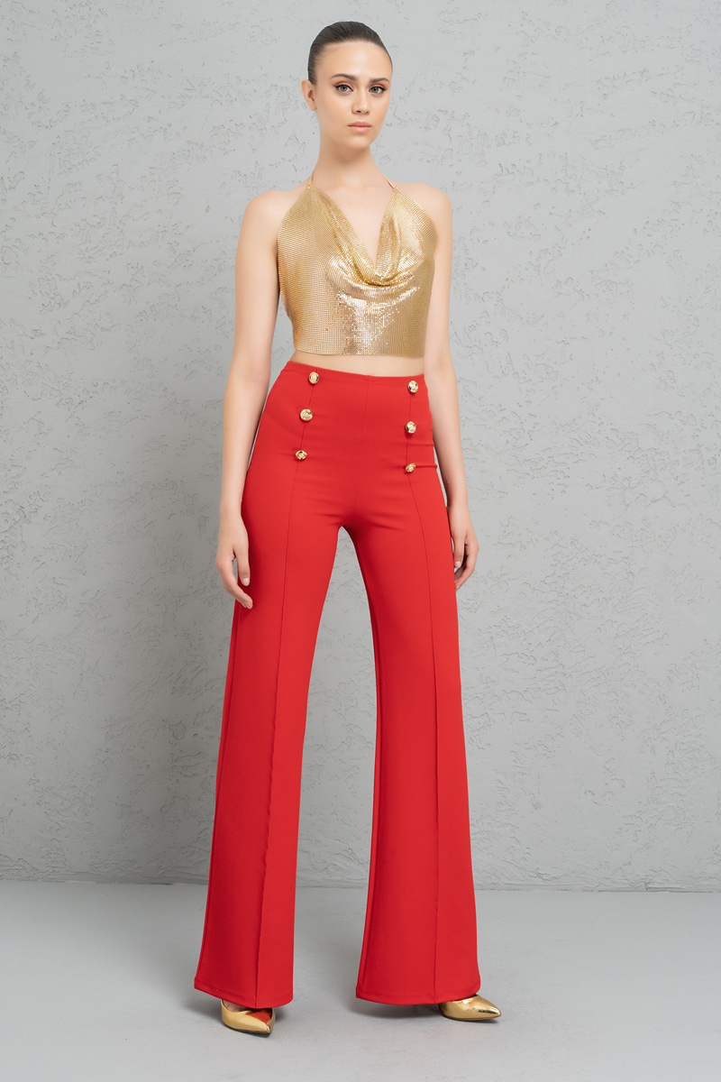 Button-Front Wide Leg  Pants in Red