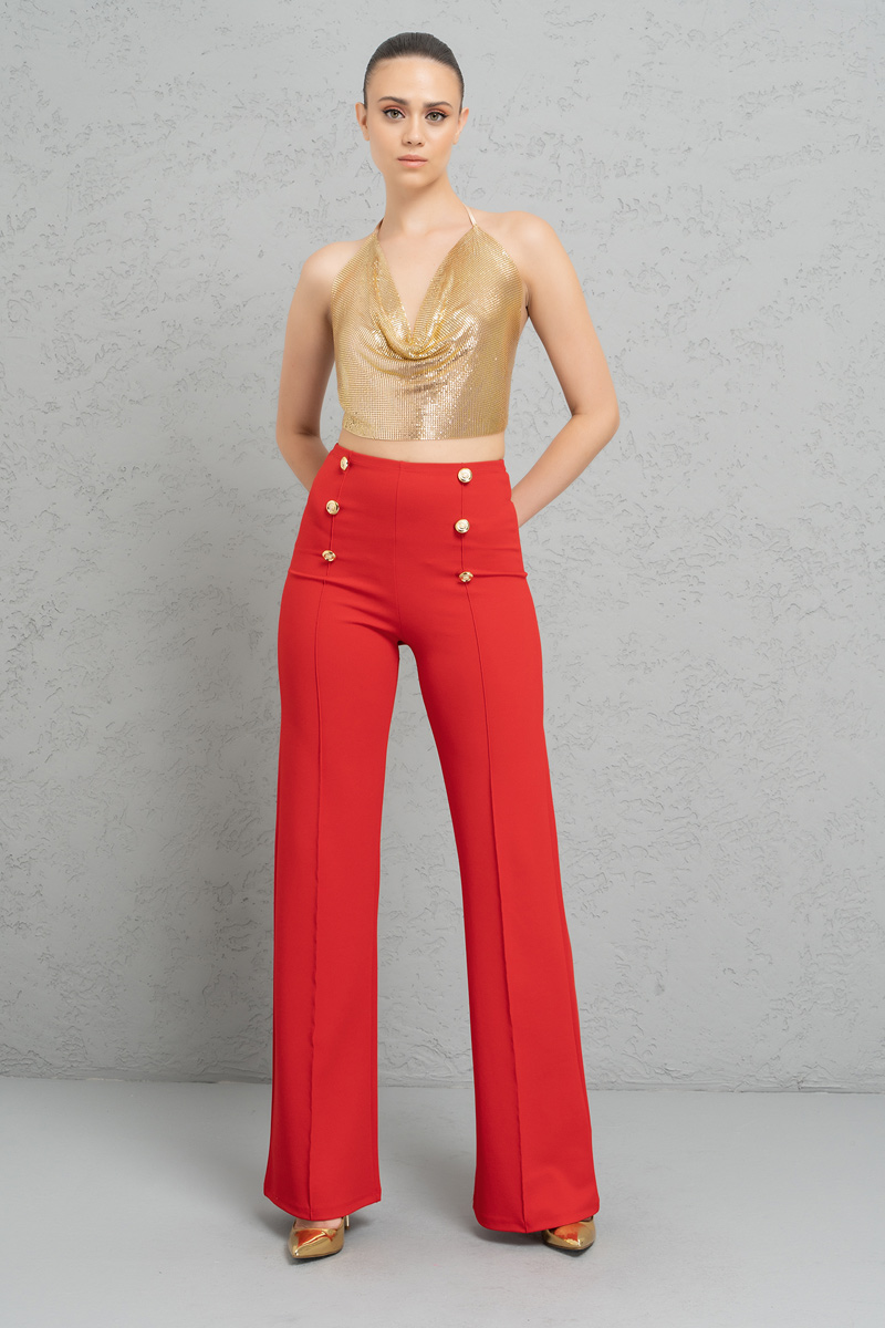 Button-Front Wide Leg  Pants in Red