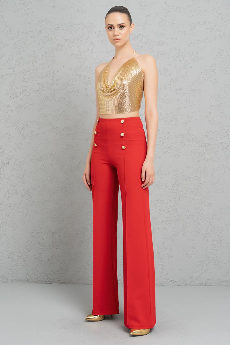 Wholesale Button-Front Wide Leg  Pants in Red