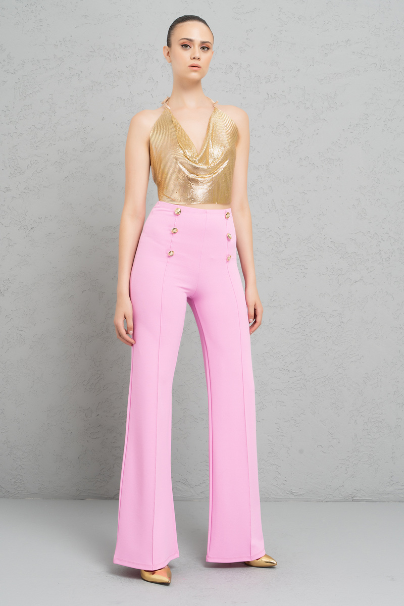 Wholesale Button-Front Wide Leg  Pants in TAFFY PİNK