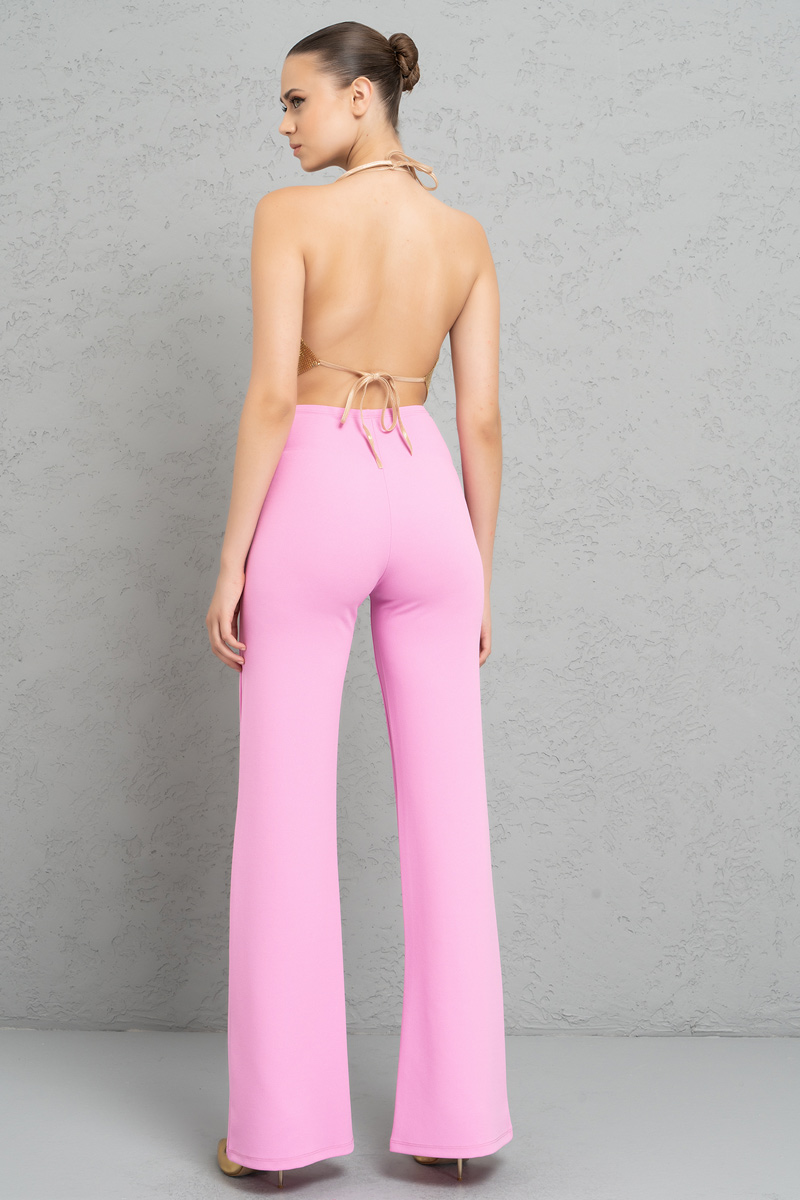 Wholesale Button-Front Wide Leg  Pants in TAFFY PİNK