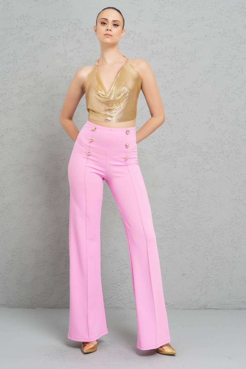 Button-Front Wide Leg  Pants in TAFFY PİNK