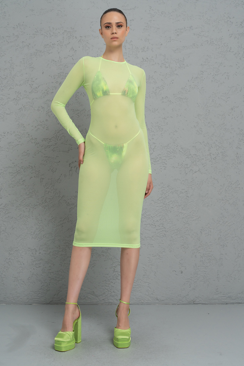 Neon Green Transparan Midi Elbise