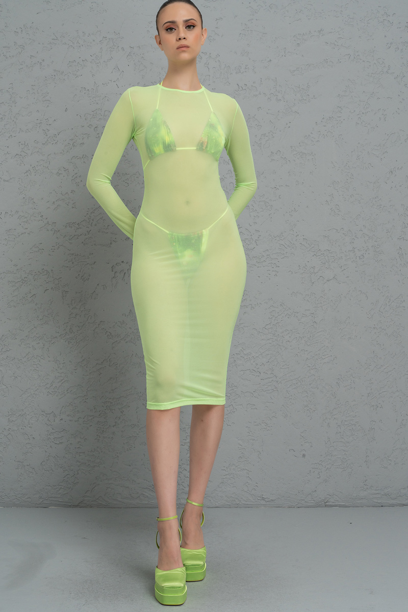 Neon Green Transparan Midi Elbise