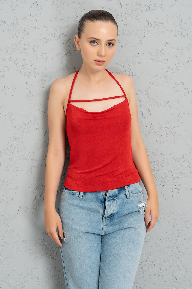 Wholesale Red Strappy Neck Halter Top