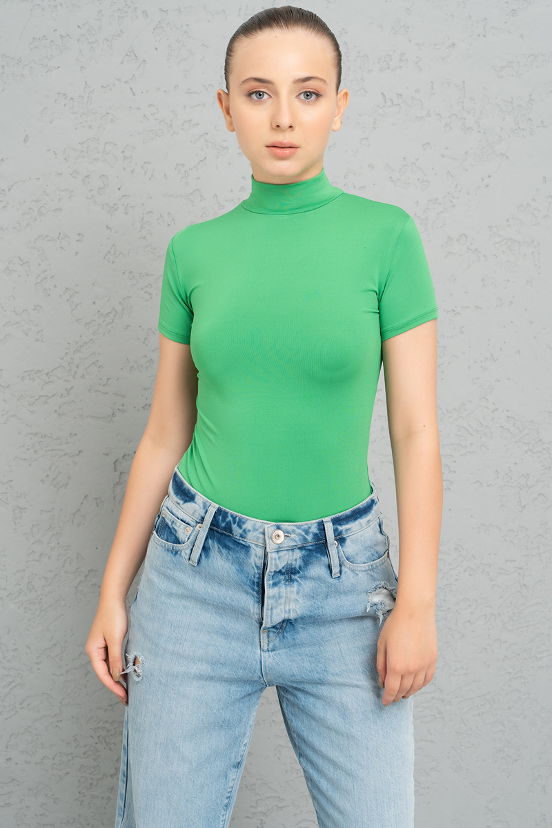 Wholesale Slim Fit Short Sleeve Roll Neck Kelly Green Top