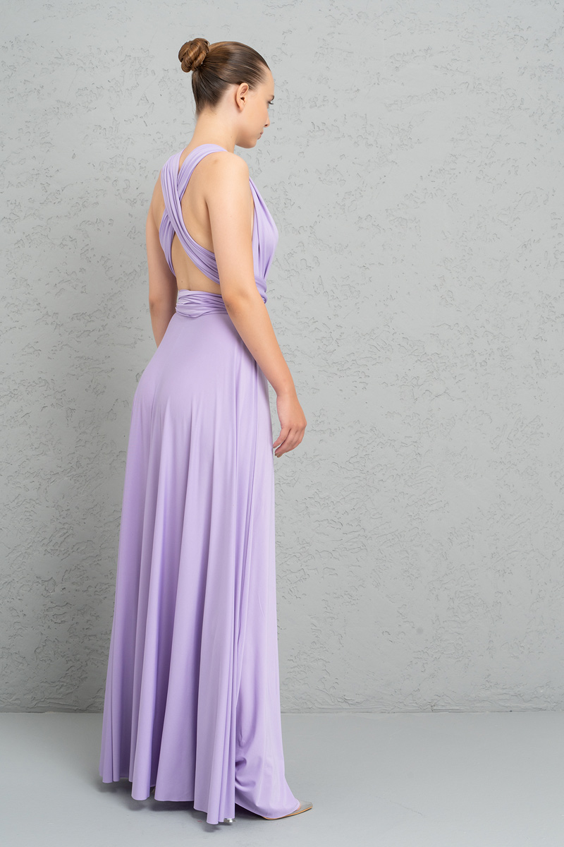 Wholesale V Neck Sleeveless Lilac Pleated Long Dress