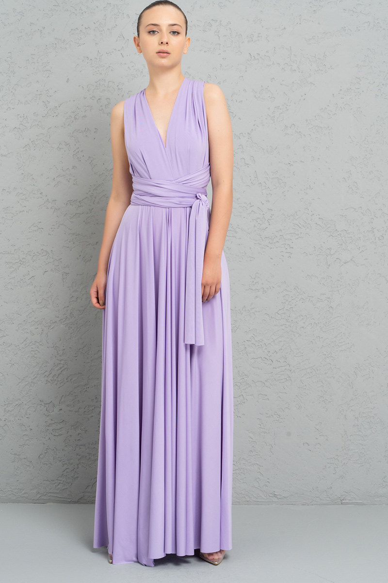 Wholesale V Neck Sleeveless Lilac Pleated Long Dress