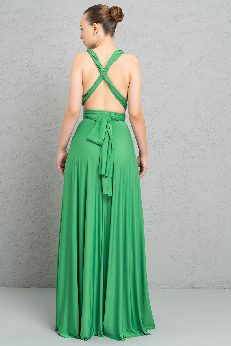 Wholesale V Neck Sleeveless Kelly Green Pleated Long Dress
