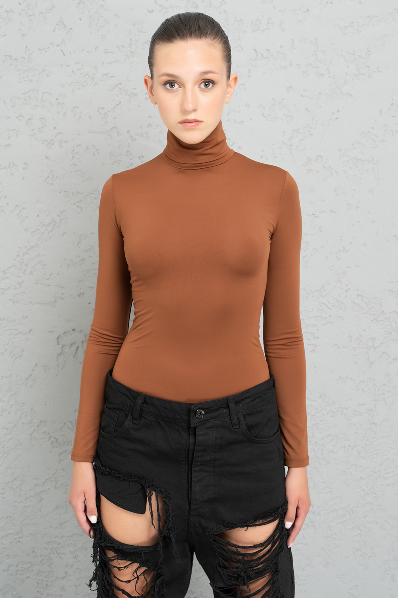 Slim Fit Long Sleeve Roll Neck Taba Top