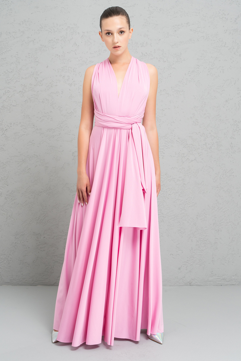 оптовая V-Образный Декольте без Рукавов New Pink Плиссированное Длинное Платье
