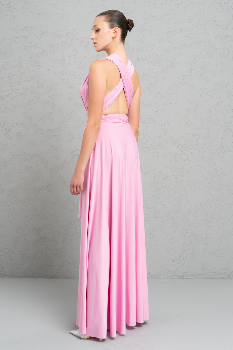 V Neck Sleeveless New Pink Pleated Long Dress