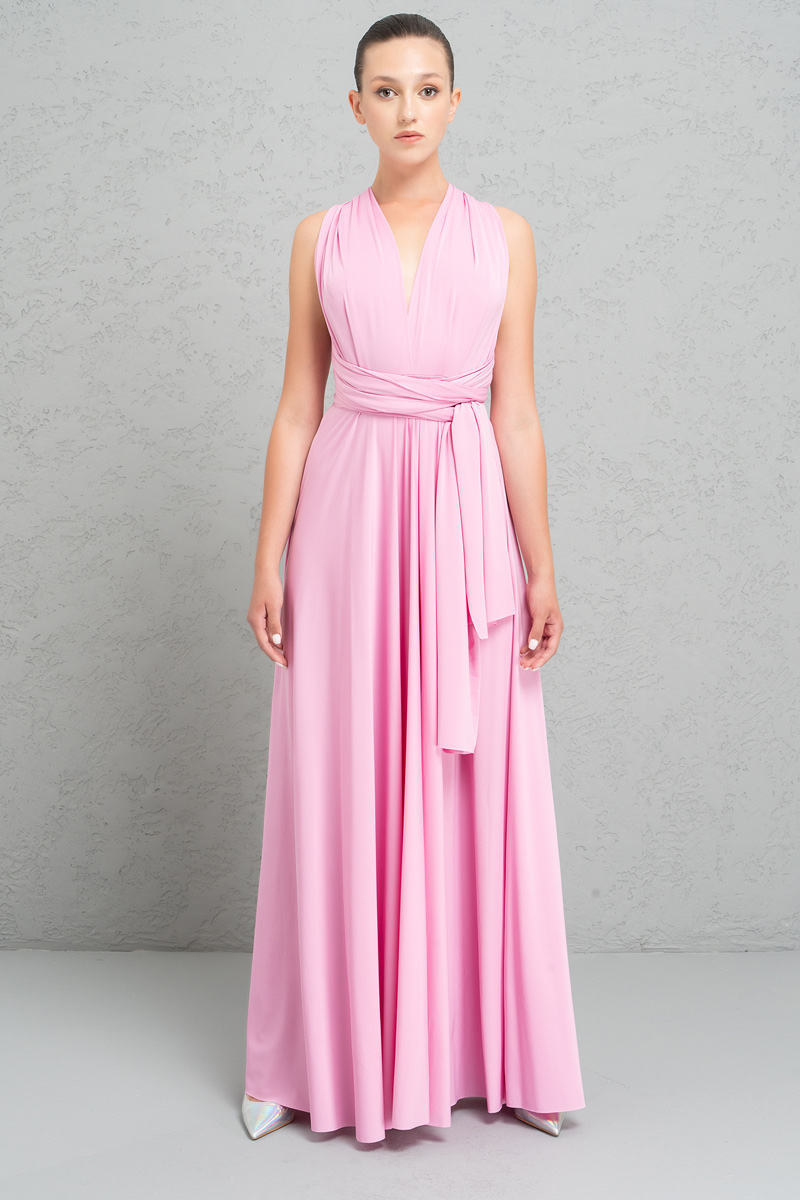 Wholesale V Neck Sleeveless New Pink Pleated Long Dress