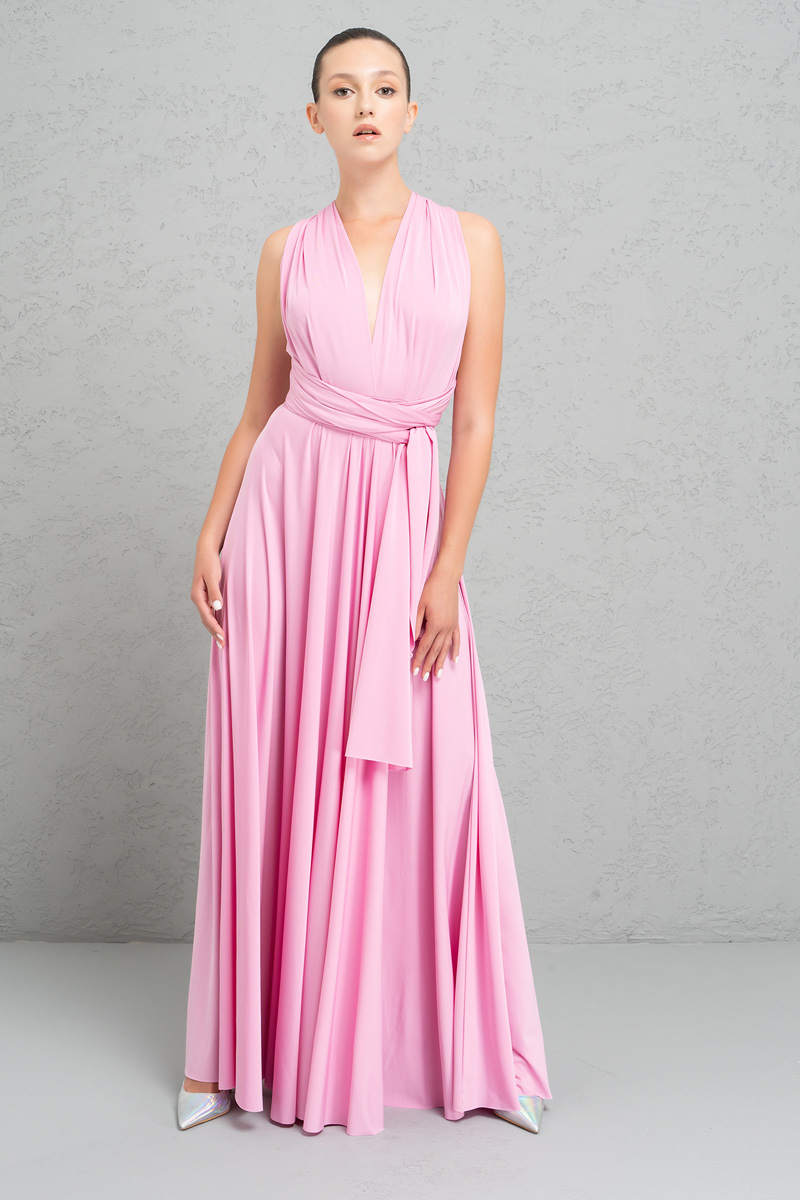 Wholesale V Neck Sleeveless New Pink Pleated Long Dress