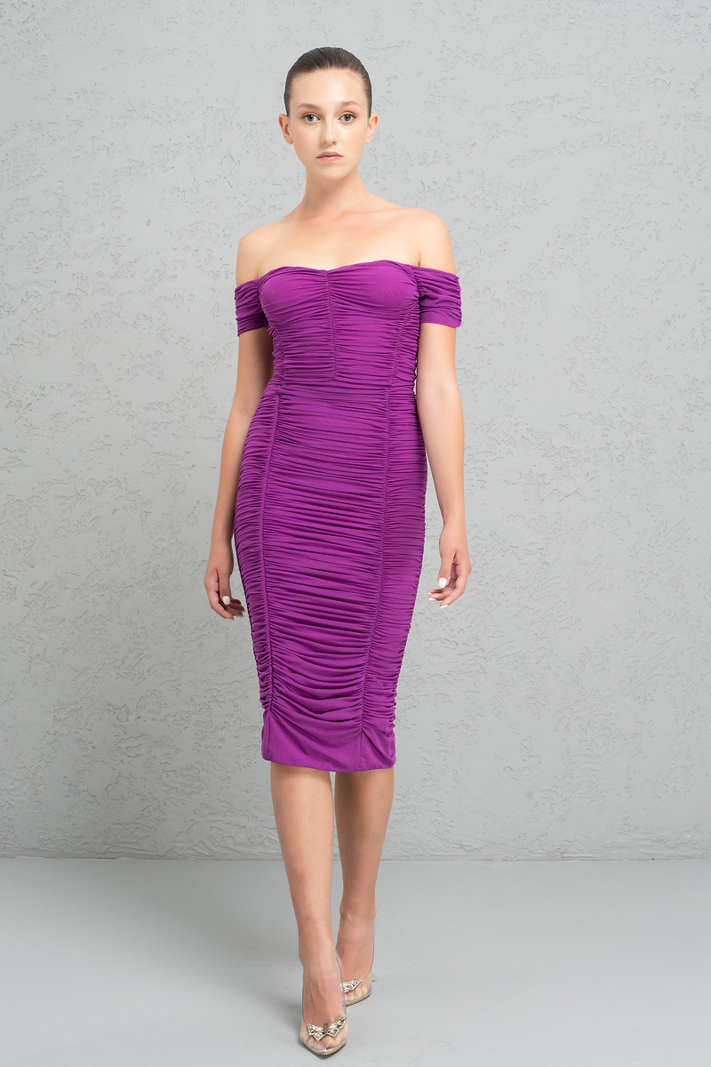 Magenta Shirred Tube Midi Dress