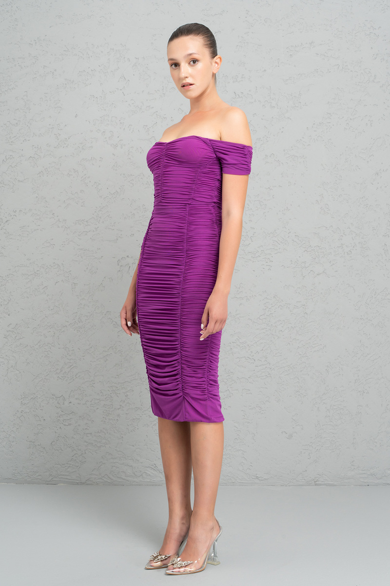 Magenta Shirred Tube Midi Dress