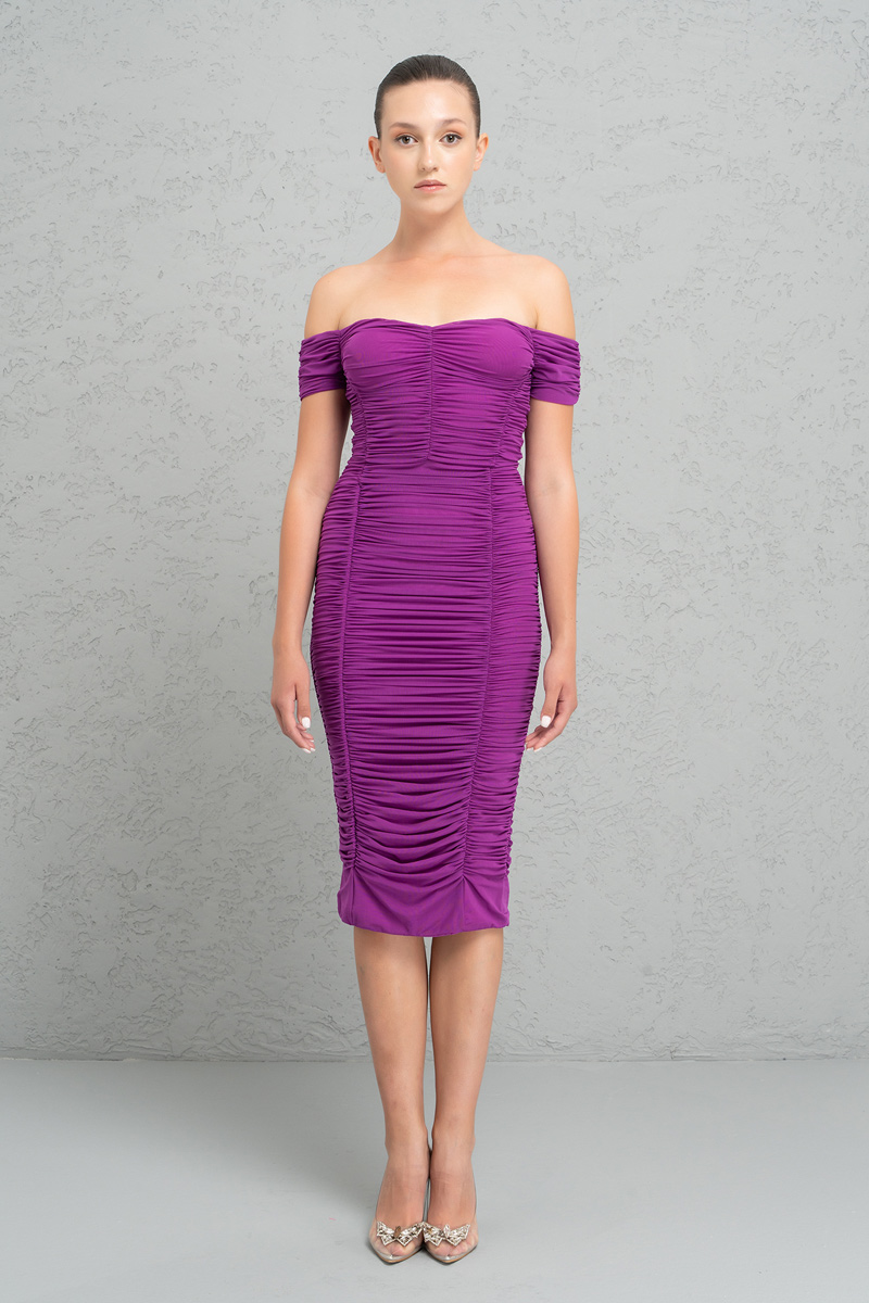 Magenta Shirred Tube Midi Dress