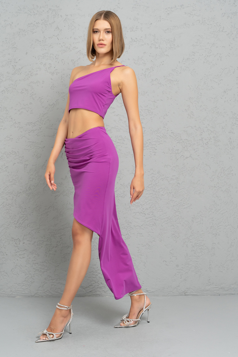 Wholesale Magenta One-Shoulder Crop Top & Split-Leg Skirt Set