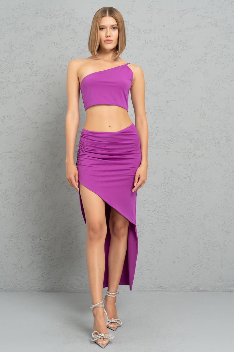 Wholesale Magenta One-Shoulder Crop Top & Split-Leg Skirt Set