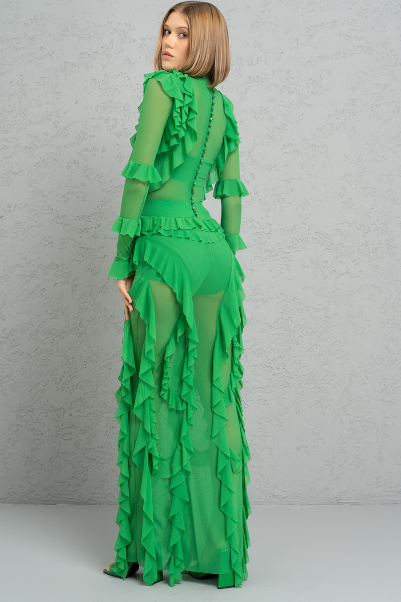 Fırfırlı Kelly Green Transparan Elbise