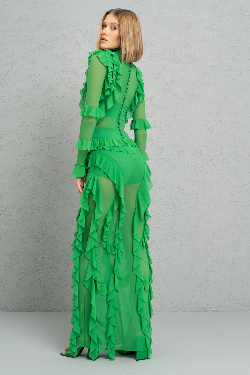 Toptan Fırfırlı Kelly Green Transparan Elbise